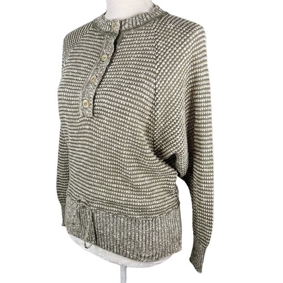 Jaeger Vintage Sweater 34 Inch Army Green Cream Tie Waist Cozy - Picture 10 of 11